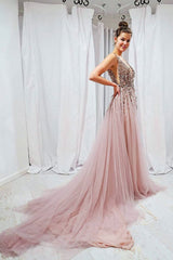 Pink Prom Dress V Neck Sequin Beaded Long Formal Evening Dress
