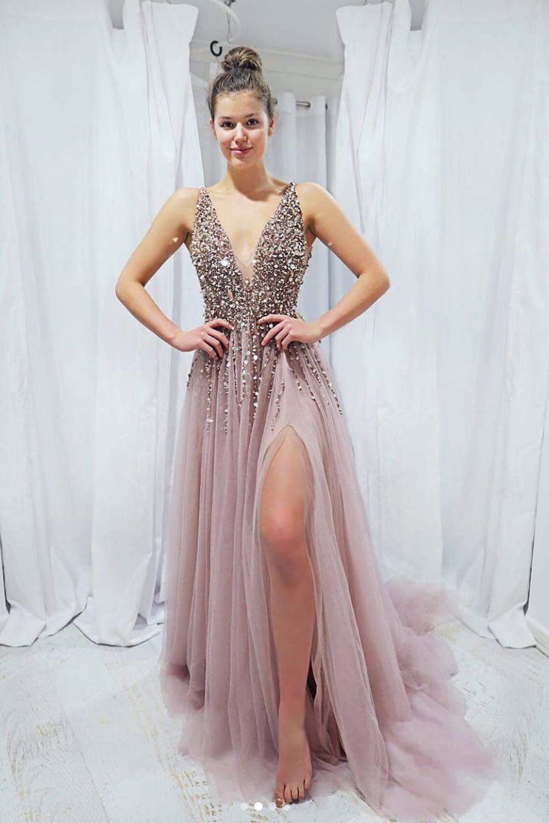 Pink Prom Dress V Neck Sequin Beaded Long Formal Evening Dress