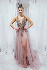 Pink Prom Dress V Neck Sequin Beaded Long Formal Evening Dress