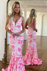 Pink Prom Dress V Neck Sequin Lace Mermaid Evening Dress