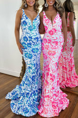 Pink Prom Dress V Neck Sequin Lace Mermaid Evening Dress