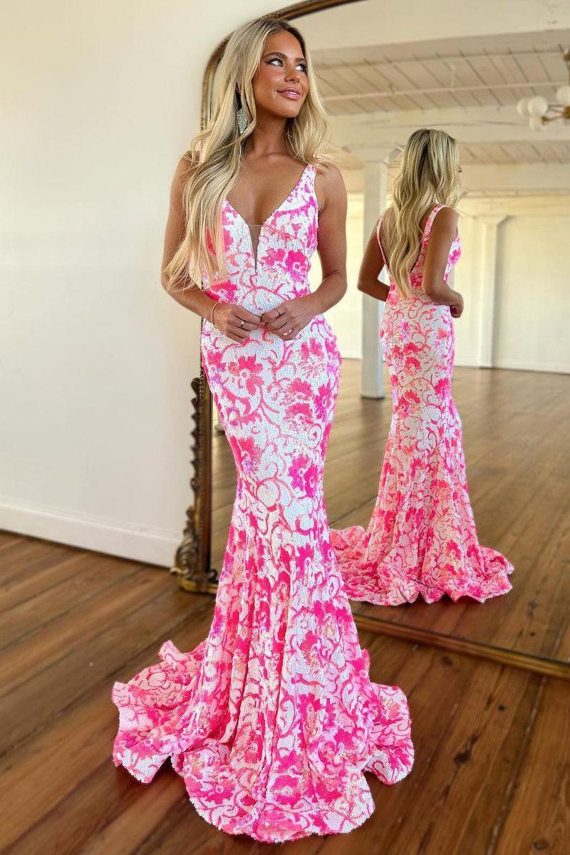 Pink Prom Dress V Neck Sequin Lace Mermaid Evening Dress