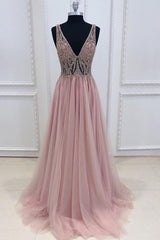 Pink Prom Dress V Neck Tulle Beaded Long Formal Dress Evening Dress