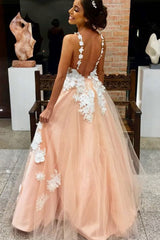 Pink Prom Dress V Neck Tulle Lace Appliques e Long Evening Dress