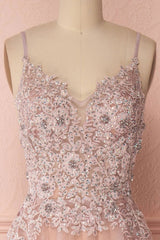 Pink Prom Dress V Neck Tulle Lace Appliques e Long Evening Dress