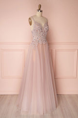 Pink Prom Dress V Neck Tulle Lace Appliques e Long Evening Dress