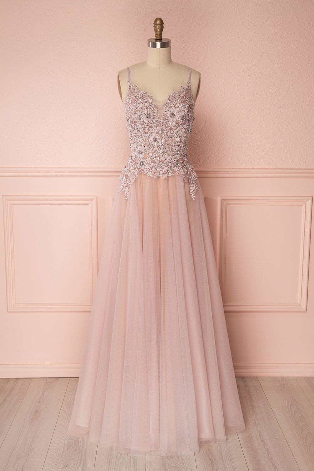 Pink Prom Dress V Neck Tulle Lace Appliques e Long Evening Dress
