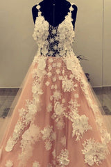 Pink Prom Dress V Neck Tulle Lace Appliques e Long Evening Dress