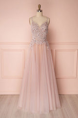 Pink Prom Dress V Neck Tulle Lace Appliques e Long Evening Dress