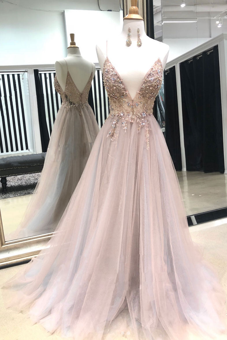 Pink Prom Dress V Neck Tulle Lace Beaded Long Formal Evening Dress