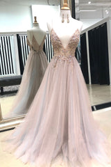 Pink Prom Dress V Neck Tulle Lace Beaded Long Formal Evening Dress