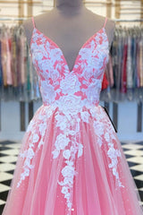Pink Prom Dress V Neck Tulle Lace Long Evening Dress