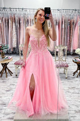 Pink Prom Dress V Neck Tulle Lace Long Evening Dress