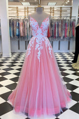 Pink Prom Dress V Neck Tulle Lace Long Evening Dress