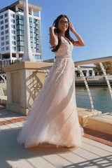 Pink Prom Dress V Neck Tulle Lace Long Formal Dress Evening Dress