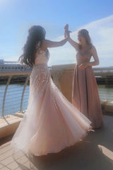 Pink Prom Dress V Neck Tulle Lace Long Formal Dress Evening Dress