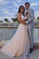 Pink Prom Dress V Neck Tulle Lace Long Formal Dress Evening Dress