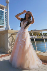 Pink Prom Dress V Neck Tulle Lace Long Formal Dress Evening Dress