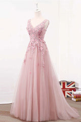 Pink Prom Dress V Neck Tulle Lace Long Formal Evening Dress