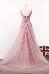Pink Prom Dress V Neck Tulle Lace Long Formal Evening Dress