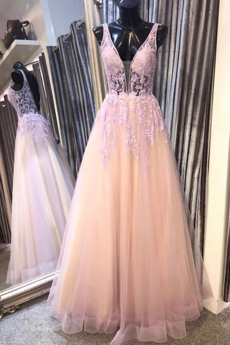 Pink Prom Dress V Neck Tulle Lace Long Formal Evening Dress