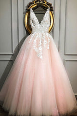 Pink Prom Dress V Neck Tulle Lace Long Formal Evening Dress