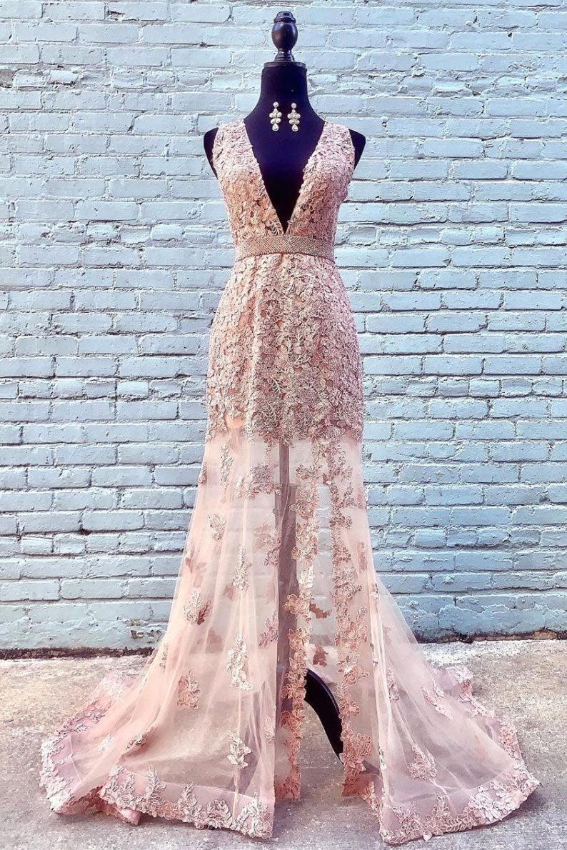 Pink Prom Dress V Neck Tulle Lace Long Formal Evening Dress