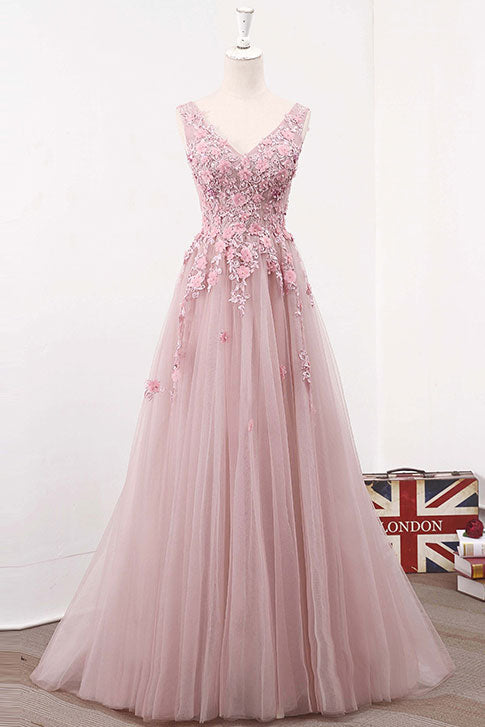 Pink Prom Dress V Neck Tulle Lace Long Formal Evening Dress