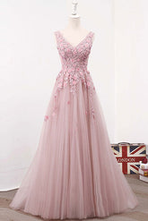 Pink Prom Dress V Neck Tulle Lace Long Formal Evening Dress