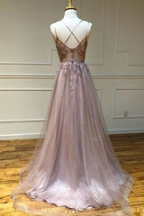Pink Prom Dress V Neck Tulle Lace Long Formal Gown Evening Dress
