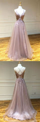 Pink Prom Dress V Neck Tulle Lace Long Formal Gown Evening Dress