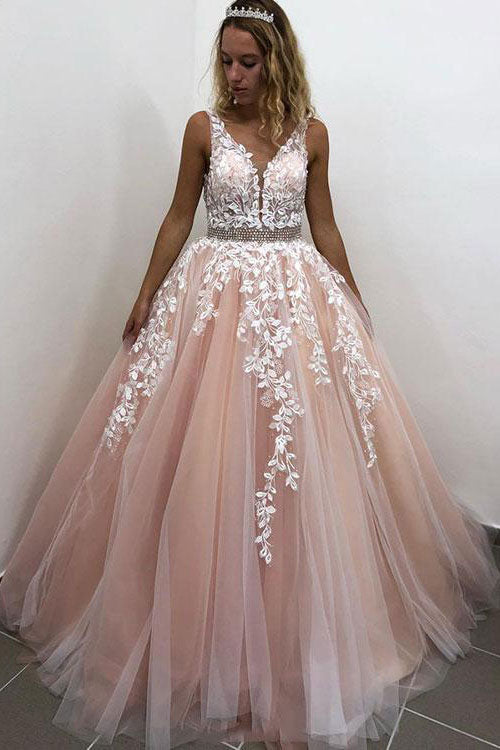 Pink Prom Dress V Neck Tulle Lace Long Formal Gown Evening Dress