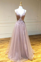 Pink Prom Dress V Neck Tulle Lace Long Formal Gown Evening Dress