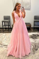 Pink Prom Dress V Neck Tulle Long Evening Gown Evening Dress