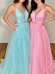 Pink Prom Dress V Neck Tulle Long Formal Dress Evening Dress