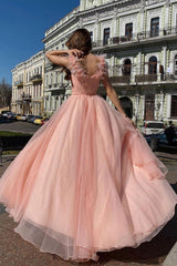 Pink Prom Dress V Neck Tulle Long Formal Dress Evening Dress