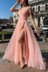 Pink Prom Dress V Neck Tulle Long Formal Dress Evening Dress