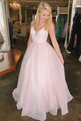 Pink Prom Dress V Neck Tulle Long Formal Dress Evening Dress