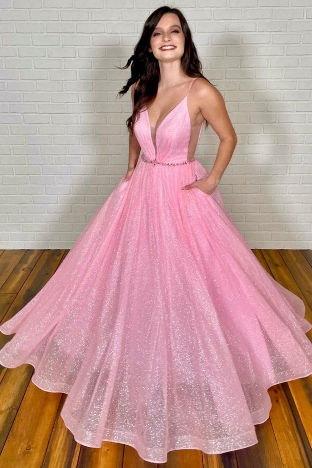 Pink Prom Dress V Neck Tulle Long Formal Dress Evening Dress