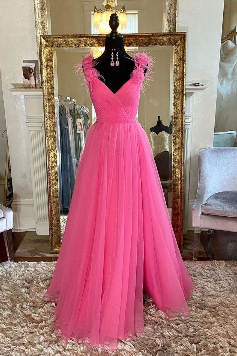 Pink Prom Dress V Neck Tulle Long Formal Dress Evening Dress