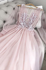 Pink Prom Dress V Neck Tulle Long Formal Evening Dress