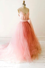 Pink Prom Dress V Neck Tulle Long Formal Gown Evening Dress