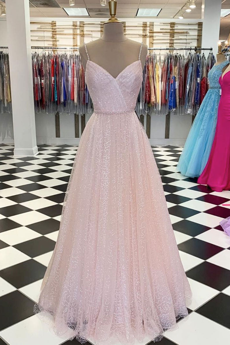 Pink Prom Dress V Neck Tulle Sequin Long Formal Gown Evening Dress