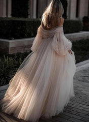 Pink Romantic Long Sleeves Off The Shoulder Wedding Dress With Lace