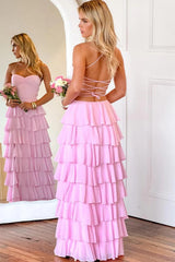 Dressystars Pink Ruffle Tiered Spaghetti Straps Lace-Up Back Prom Dress With Slit Formal Evening Gown