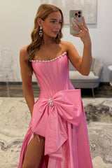 Dressystars Pink Satin Corset Prom Dress With Neckline Pearl Trim & Oversized Bow Formal Evening Gown