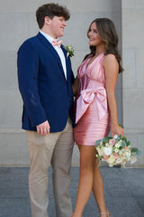 Pink Satin Halter Homecoming Dresses Corset Short Tight Cocktail Dresses With Bow