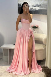 Pink Satin Strapless Homecoming Dress With Rhinestone 3D Flower And High Slit Formal Evening Gown