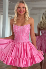Pink Satin Strapless Homecoming Dresses Ruffled Short Corset Cocktail Dresses With Pearls
