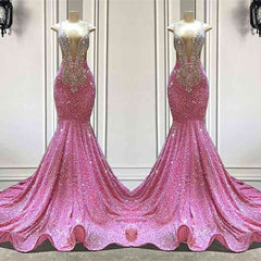 Pink Sequined Sleeveless Prom Dress Straps Long Beaded Mermaid Formal Dress